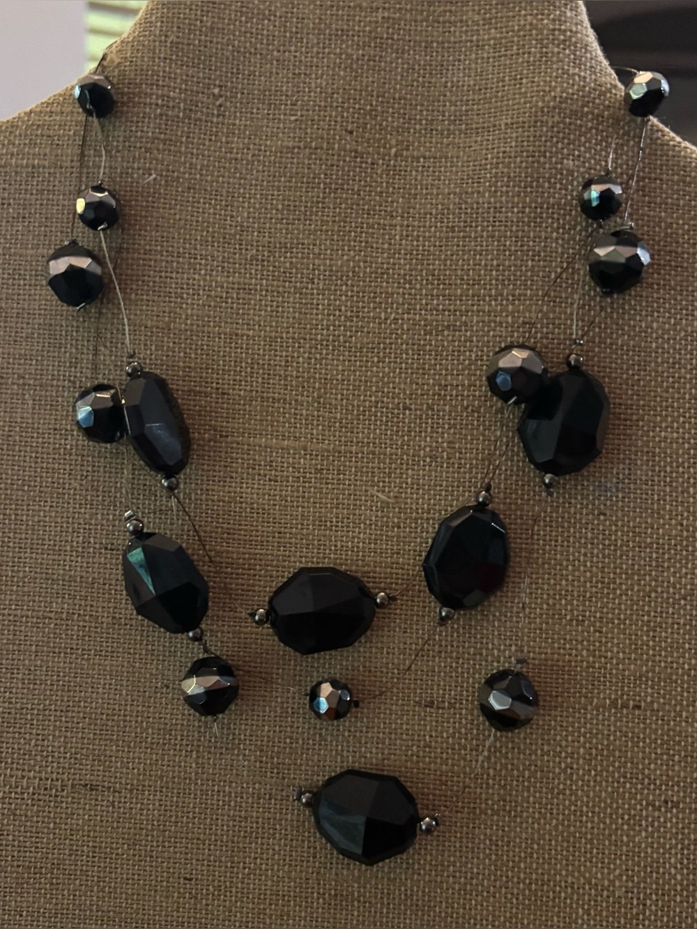 Elegant Black Gold Beaded Floating Necklace Multistrand Wire Oval Stone Up To22”